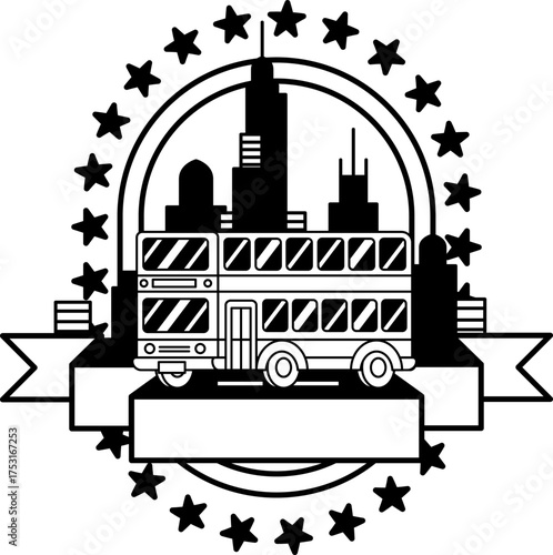 black and white logotype of A double decker bus in the city