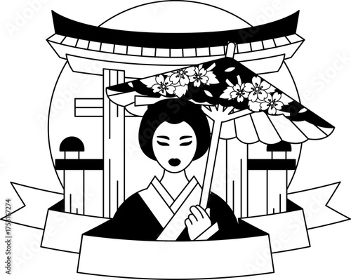 black and white logotype of A Japanese woman wearing a kimono stands in front of the torii gate