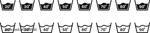 temperature wash icon set. 20, 30, 40, 50, 60, 70, 80, 90 degree. Laundry Care Symbol. Washing Machine Temperature Settings symbol. Water Temperature wash out sign