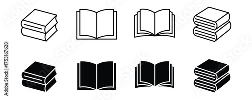 Book icon set vector on white background. reading, education, knowledge, stack, literature, library, study, learn, textbook, paper, page, symbol.