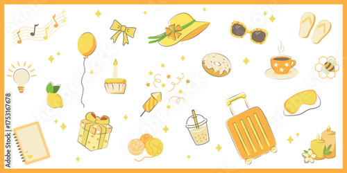 Cheerful yellow vector set with summer and lifestyle elements including travel, sweets, drinks, gifts, and cozy decorative icons.