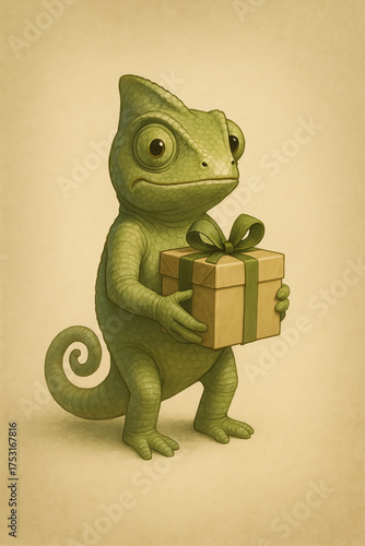 Chameleon Mascot with Generic Present, 3/4 View, Minimal Background