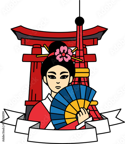 logotype of A japan woman holding a fan in front of torii gate