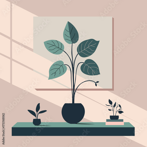 Minimalistic modern vector illustration of indoor plants in a vase inside a reading room, soothing color perfect for home décor theme.