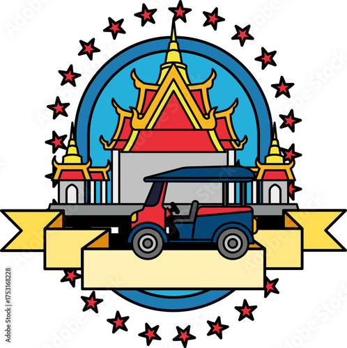 logotype of a tuk tuk in front of the temple