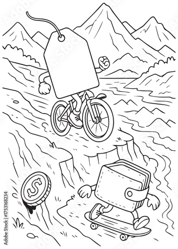 coloring book wallet and coin skateboarding with mountain road and price tag bicycle inflation