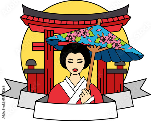 logotype of A Japanese woman wearing a kimono stands in front of the torii gate