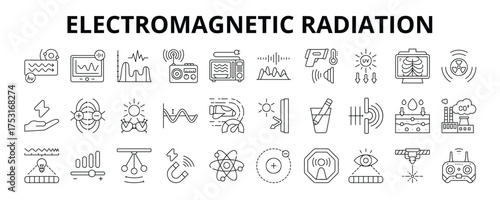 30 Electromagnetic Radiation Line Icons Vector - Ultraviolet, Gamma Ray, Reflection, Refraction, Absorption, Intensity, Quantum, Microwaves