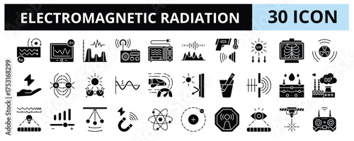 30 Electromagnetic Radiation Glyph Icons Vector - Ultraviolet, Gamma Ray, Reflection, Refraction, Absorption, Intensity, Quantum, Microwaves