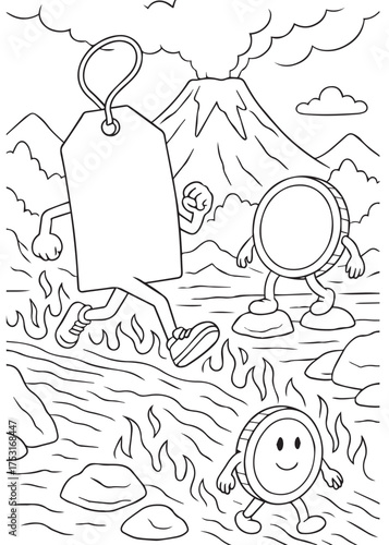 coloring book walking price tag with coin and wallet character in mountain background inflation theme