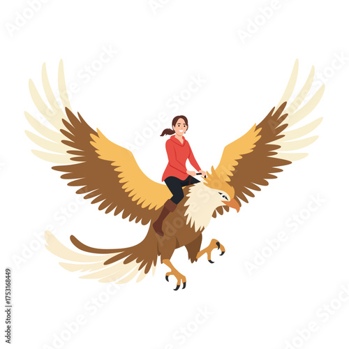 Woman riding a giant eagle in flight, representing fantasy adventure and freedom in the sky. Flat vector illustration isolated on white background