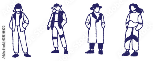 Set of hand drawn crayon style doodle young men and women illustrations