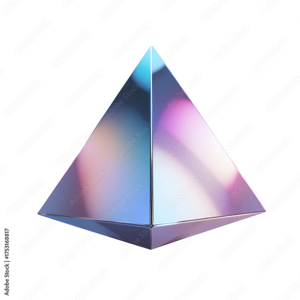 Fototapeta premium Futuristic Floating Metallic Pyramid 3D Holographic Geometric Object with Neon Reflections for Motion Graphics and Sci-Fi Design