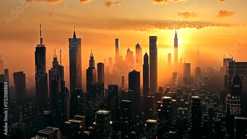Golden Hour Cityscape: A Breathtaking Aerial View of Urban Dawn with Skyscraper Silhouettes