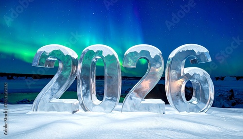 This is a photograph featuring the large, clear, ice sculpture of the numbers 