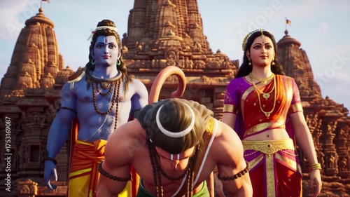 Lord Rama, Sita, and Hanuman in a divine setting, embodying strength and devotion.