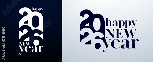 Happy New Year 2026 Logo Typography Design with Abstract Number on White and Black Background. Christmas Holiday Greeting Card Illustration with Typography Lettering for Calendar, Flyer, Banner