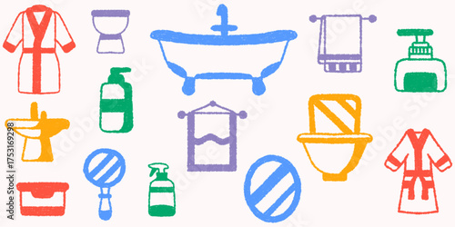 Hand drawn crayon doodle style bathroom elements set