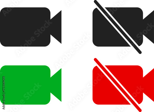 Video camera and no video camera icon set. Turn on video and turn off video icons. Video record symbol. video call on off sign 