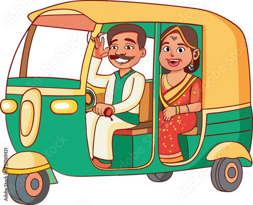 Indian man driving auto rickshaw with woman passenger