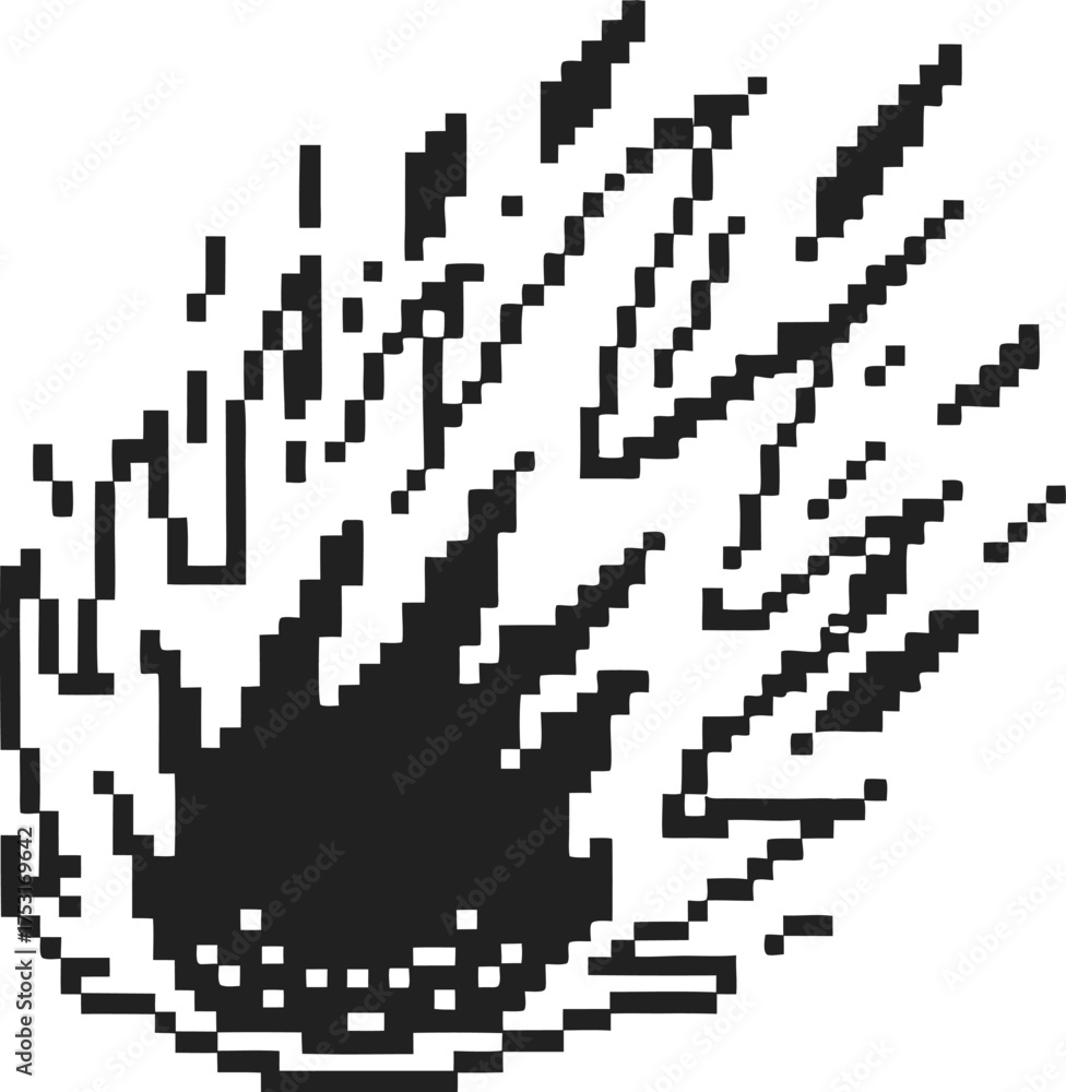 Fototapeta premium Pixel art meteor falling from sky, black and white illustration retro gaming burning fireball, crashing asteroid sprite
