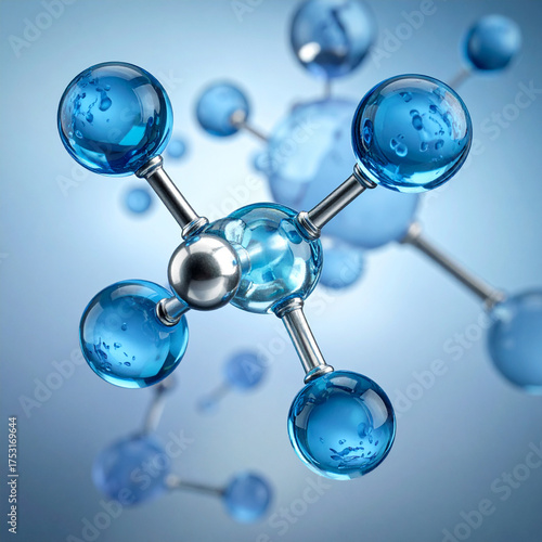 3D molecular structure with blue transparent spheres on light background