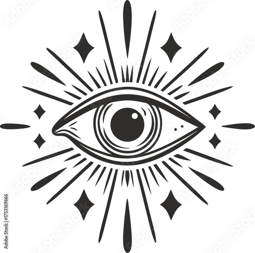 Mystical all seeing eye symbol with sunburst rays and sparkling stars esoteric occult design, eye of providence concept