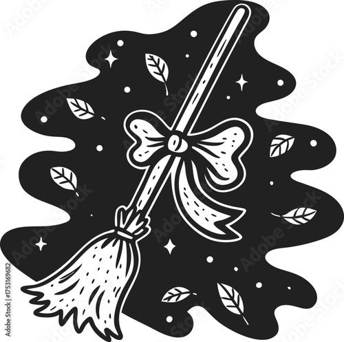 Witch broom illustration with bow, flying leaves, and stars magical autumn concept with hand drawn mystical elements