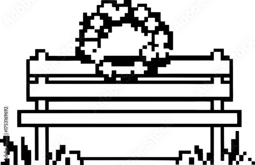 Minimalist memorial bench with wreath, black and white outline pixel art cemetery, remembrance, death, loss, tribute symbol