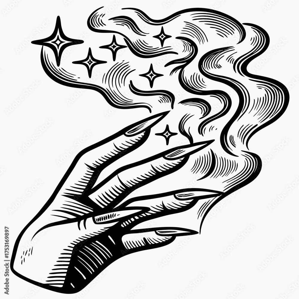 Obraz premium Mystical feminine hand with long nails conjuring magical smoke and stars, vintage black and white illustration art