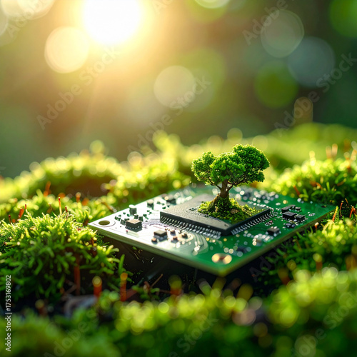 Small tree growing on computer chip symbolizing green technology