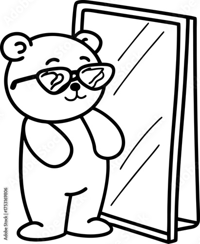 Cute bear wearing heart shaped glasses admiring its reflection in a mirror fun animal character, self love, self esteem, happiness