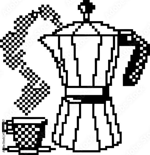Retro pixel moka pot and steaming coffee cup black and white 8 bit kitchenware, vintage digital drink illustration