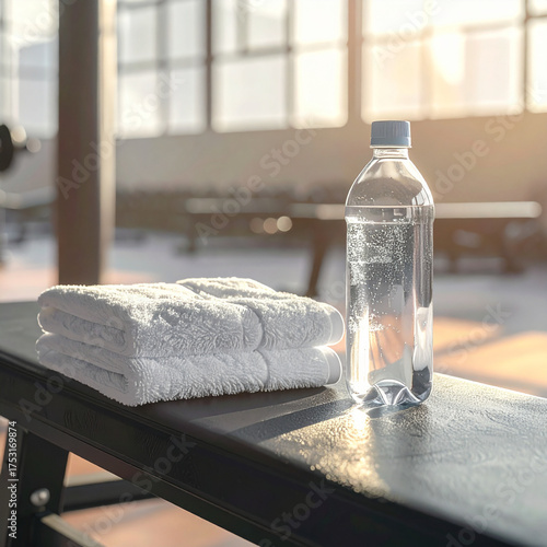 Fresh water bottle and folded towels on gym bench in sunlight