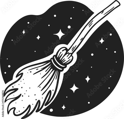 Magic broom illustration with sparkling stars, mystical object for fantasy, witchcraft, halloween, supernatural concept