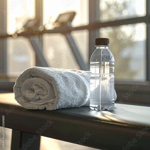 Water bottle and towel on gym bench in morning sunlight