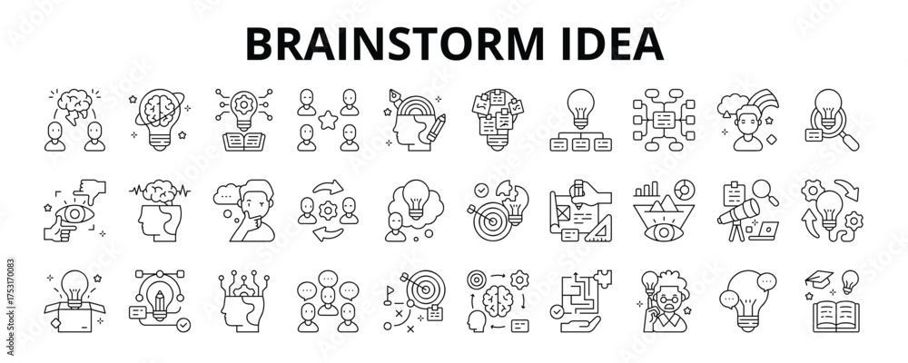 ©  karyative - 30 Brainstorm Idea Line Icons Vector - Brainstorming, Conceptual, Imagination, Insight, Brainwave, Solution, Idea Generation, Intelligence