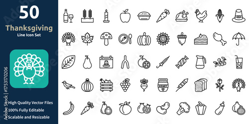 Thanksgiving icon set in Outline style. Minimilist and trendy Icon set. Containing Icons,Wine bottle,Wheat grain,Candle,Apple,and so on.