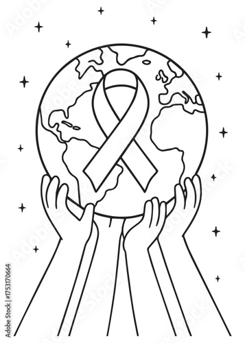 coloring book globe lifted by many hands with awareness ribbon, World AIDS Day theme for kids line art black and white