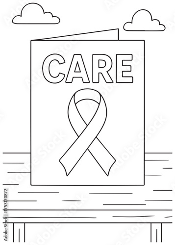 coloring book CARE poster with awareness ribbon on board, World AIDS Day classroom scene for kids line art