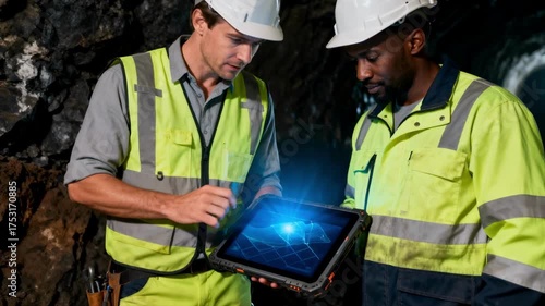 Two diverse mining engineers in hard hats use a rugged tablet with a holographic display to analyze data inside a mine, representing industrial innovation and modern engineering technology