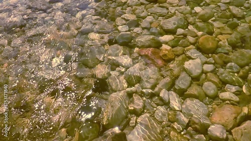 Close-up of crystal clear mountain river water flowing over smooth stones. Calm and relaxing nature scene in 4K, perfect for travel or meditation projects.
