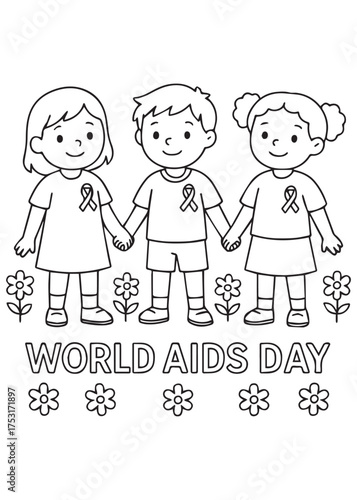 coloring book three children holding hands with ribbons, World AIDS Day unity theme for kids line art