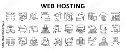 30 Web Hosting Line Icons Vector - VPS, Dedicated Server, Cloud Hosting, Database, DNS, Bandwidth, CMS, HTTP