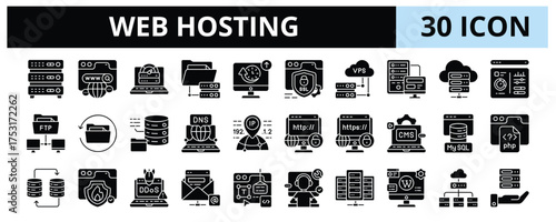 30 Web Hosting Glyph Icons Vector - VPS, Dedicated Server, Cloud Hosting, Database, DNS, Bandwidth, CMS, HTTP