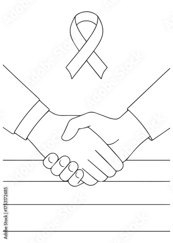 coloring book handshake with ribbon symbol, World AIDS Day cooperation theme for kids line art