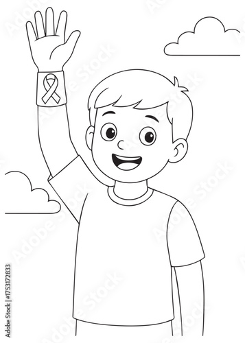 coloring book boy waving with ribbon wristband, World AIDS Day awareness for kids line art