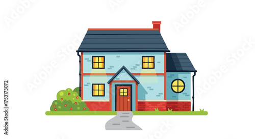 Charming cartoon-style house with a neatly trimmed lawn, stone pathway, and warm, inviting glow emanating from the windows