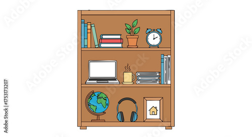 Illustration of a wooden bookcase filled with various items symbolizing knowledge and relaxation in a home environment