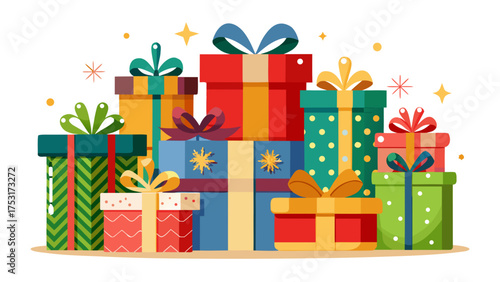 Colorful pile of stacked gift boxes with ribbons and stars